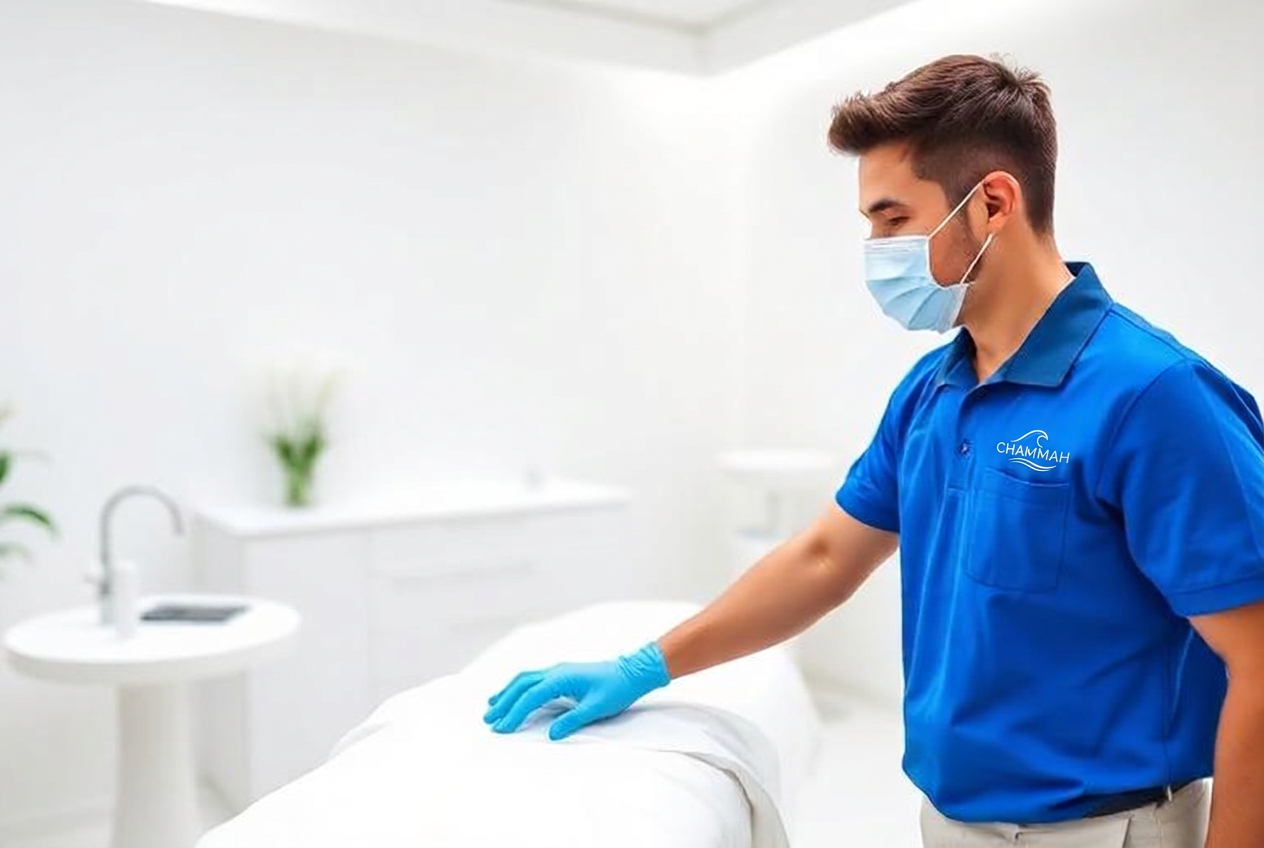 Cleaning professional sanitizing a treatment room in a modern aesthetic clinic