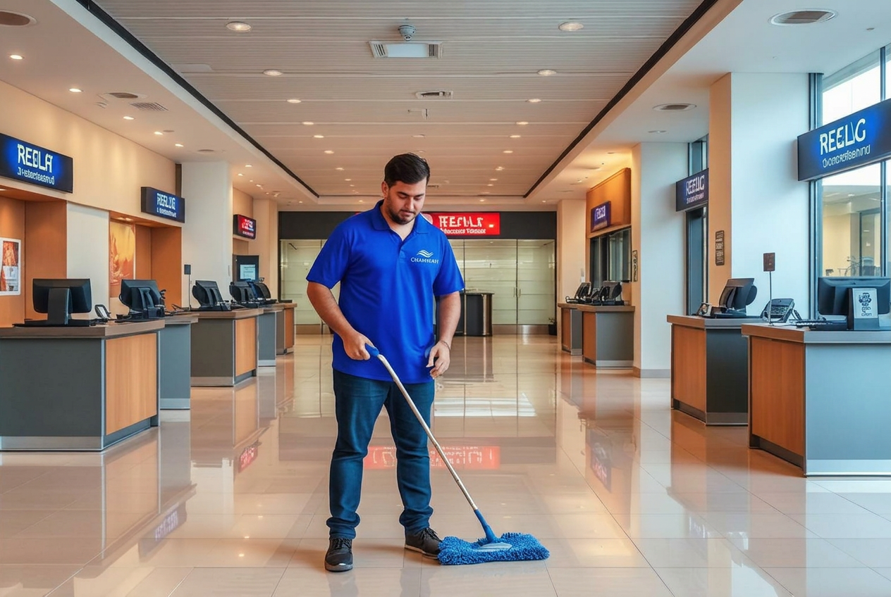 Cleaning professional cleaning the floor of a modern bank branch lobby