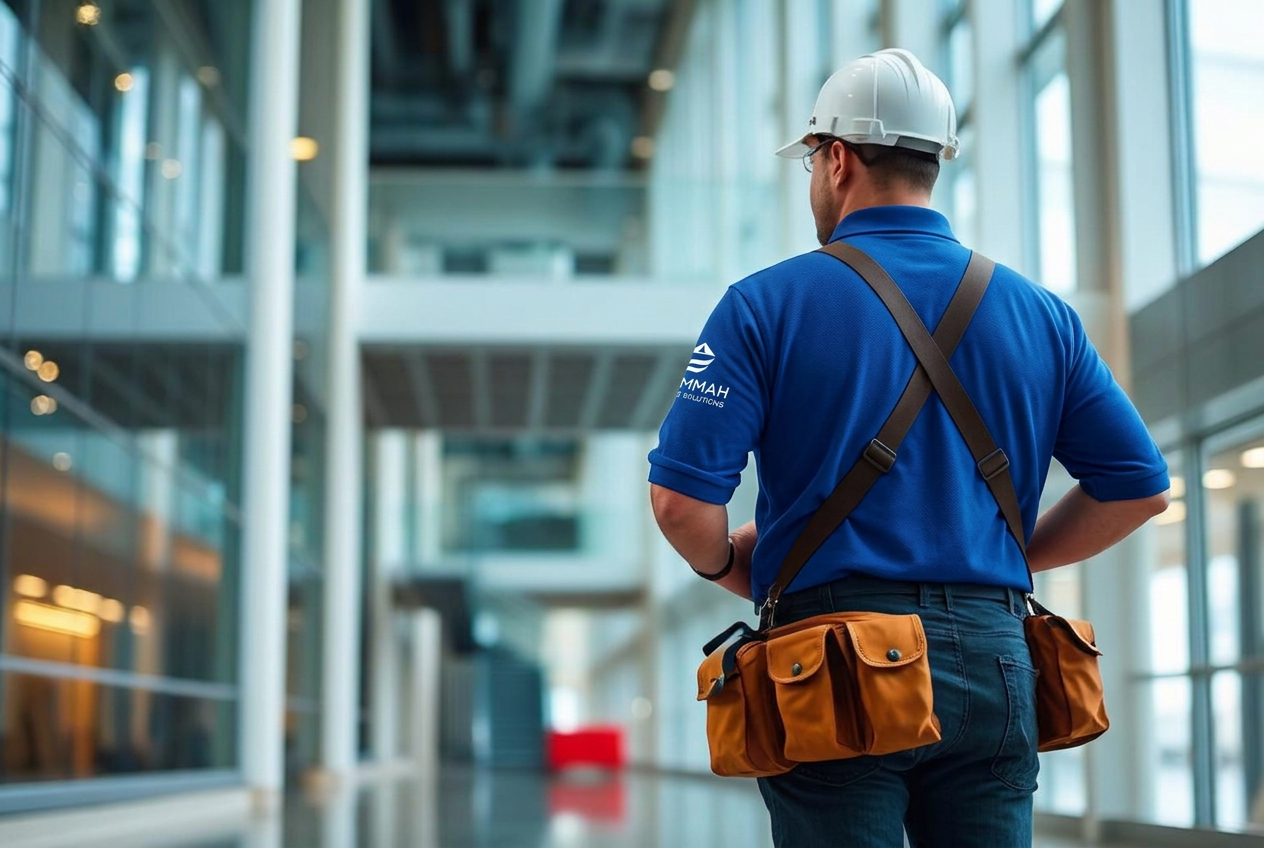 Maintenance professional working inside a modern commercial building