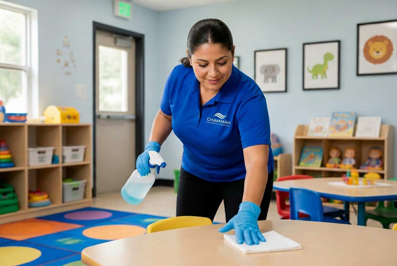 Cleaning professional sanitizing a table in a colorful daycare playroom