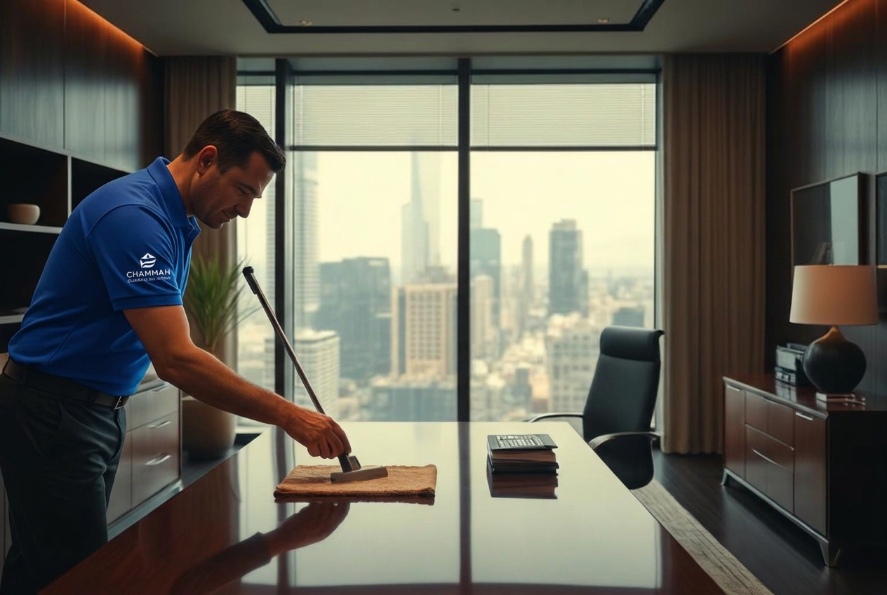 Cleaning professional detailing an elegant executive office