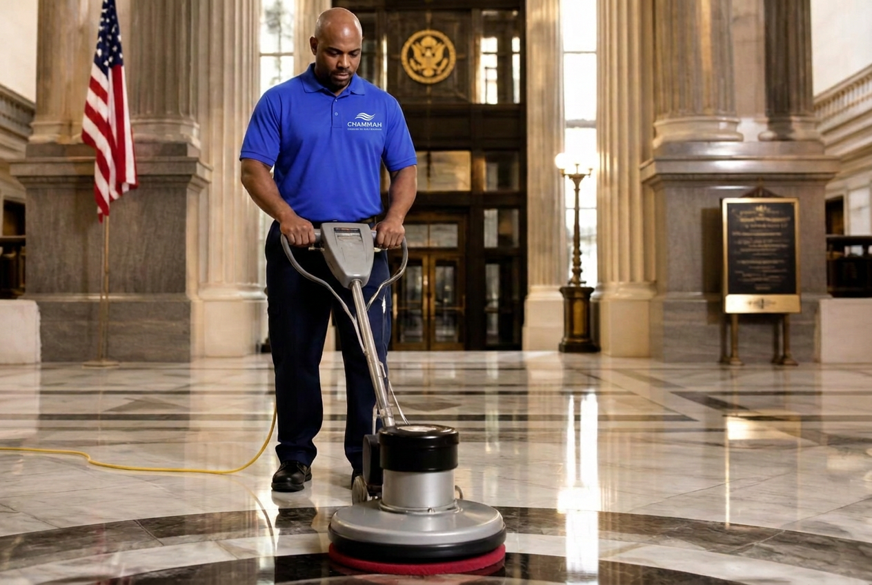 Cleaning professional polishing the marble floor of a federal building lobby