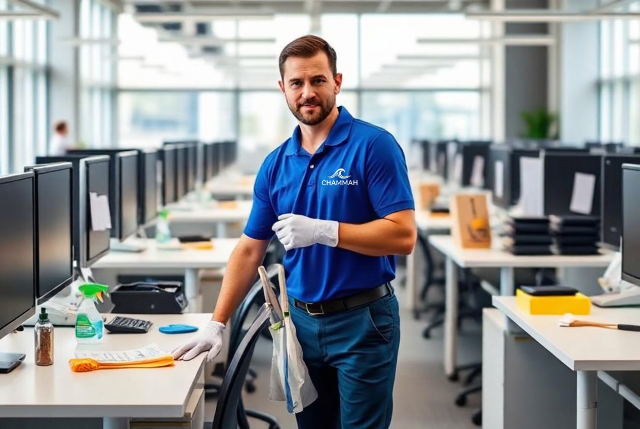 Cleaning professional cleaning workstations in an open plan office