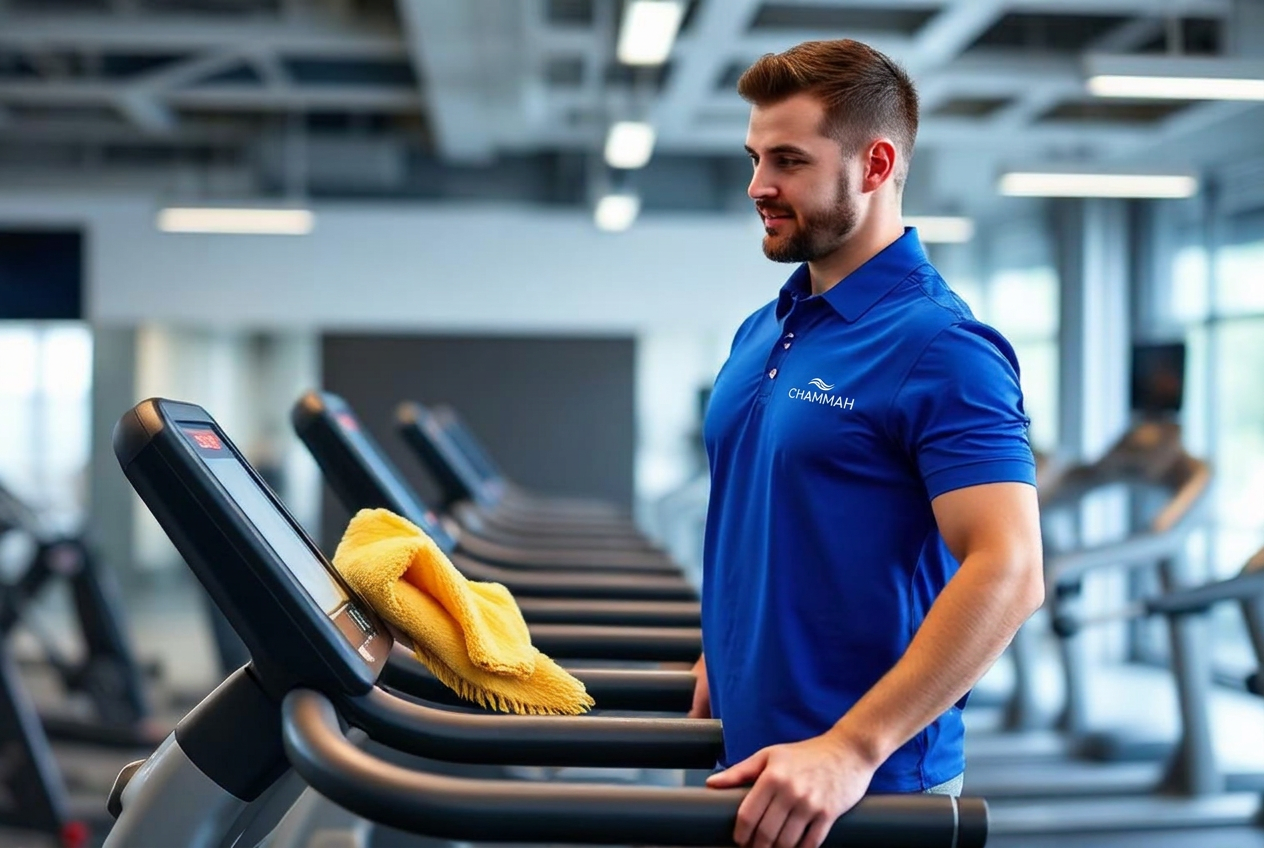 Cleaning professional wiping down equipment in a modern fitness center