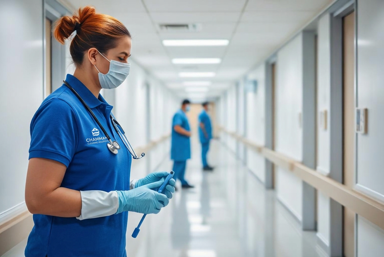 Cleaning professional working in a bright hospital corridor