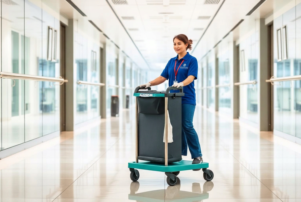 Janitorial professional with a cleaning cart in a commercial building corridor