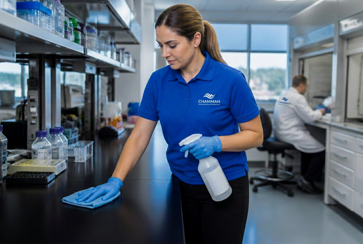 Cleaning professional disinfecting a laboratory workbench