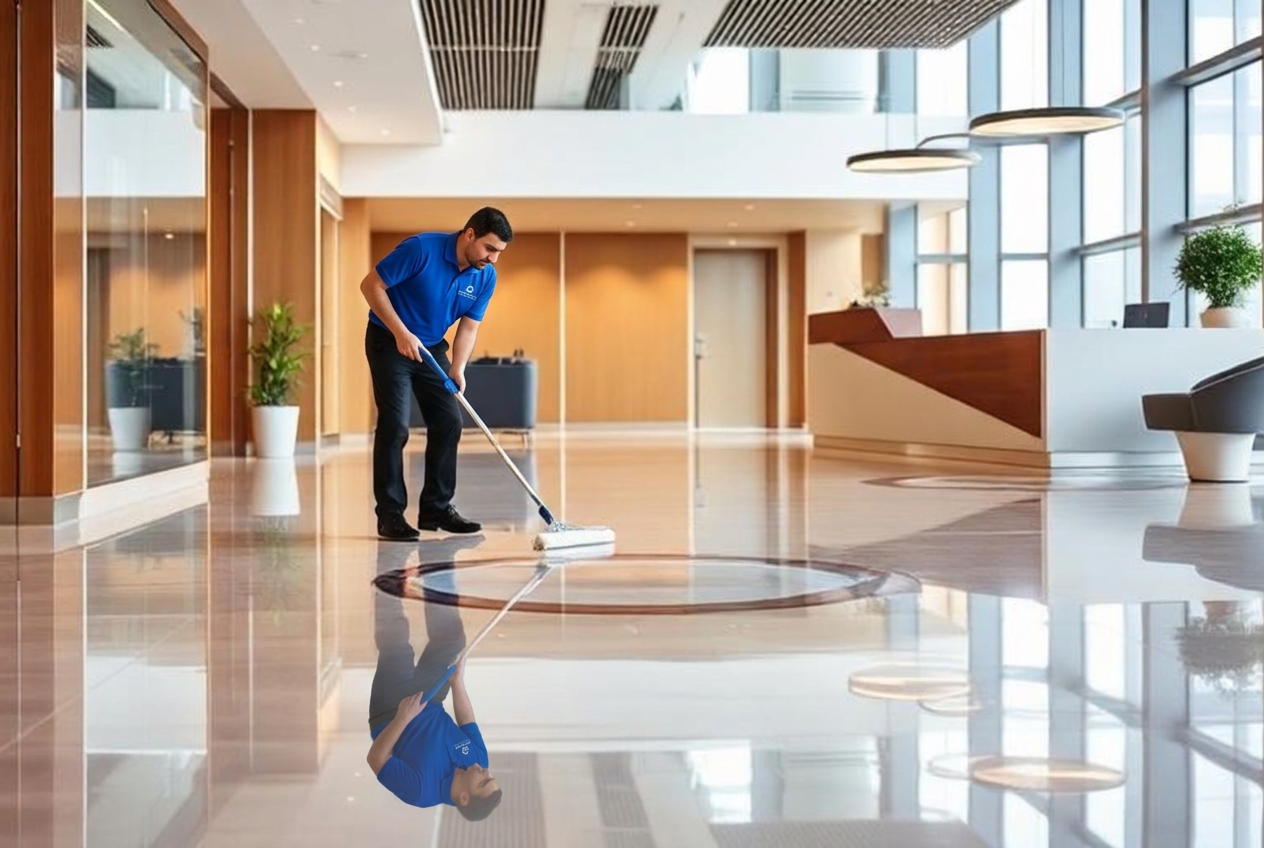 Cleaning professional polishing the floor of a modern building lobby