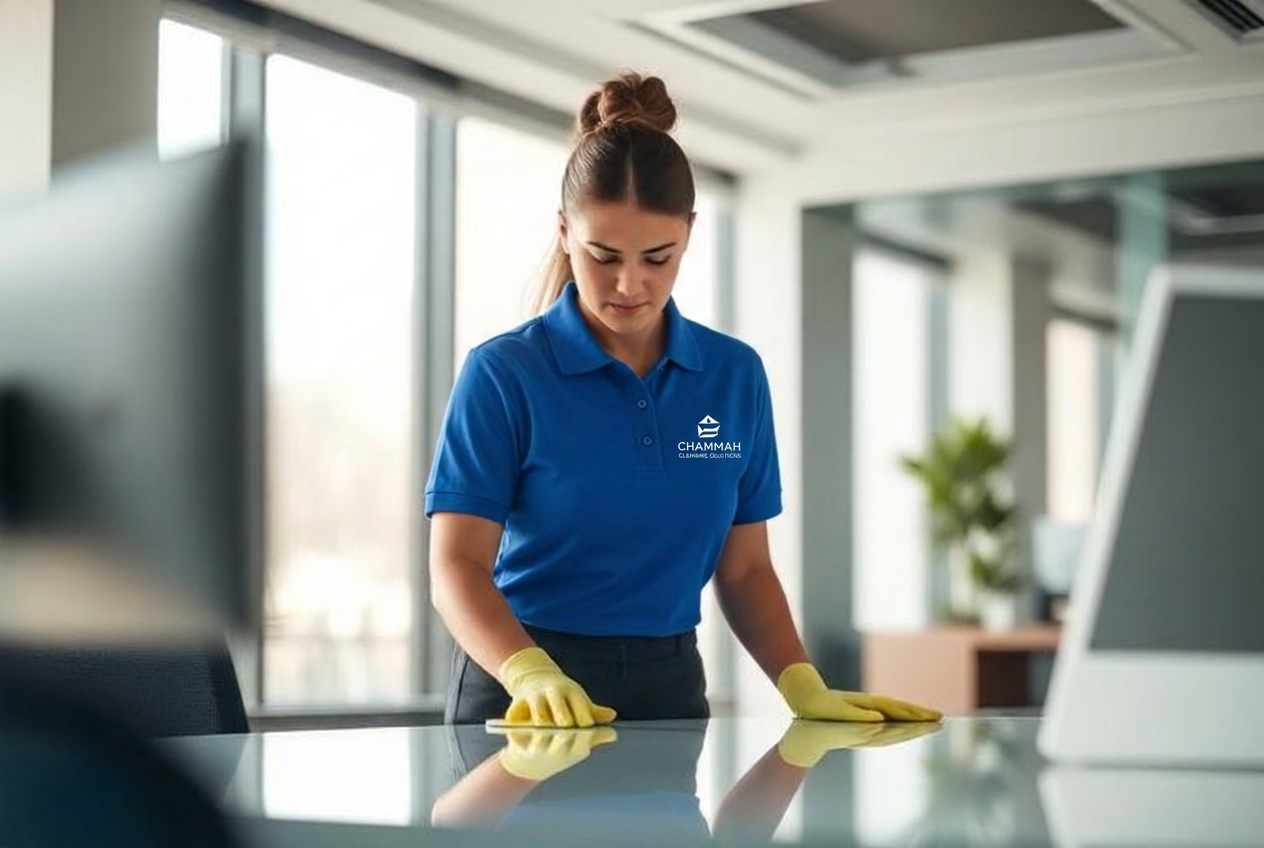 Cleaning professional wiping a desk in a bright modern office