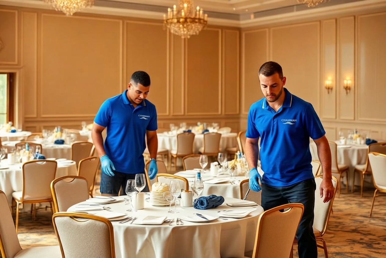 Cleaning professionals preparing tables in an event and party hall