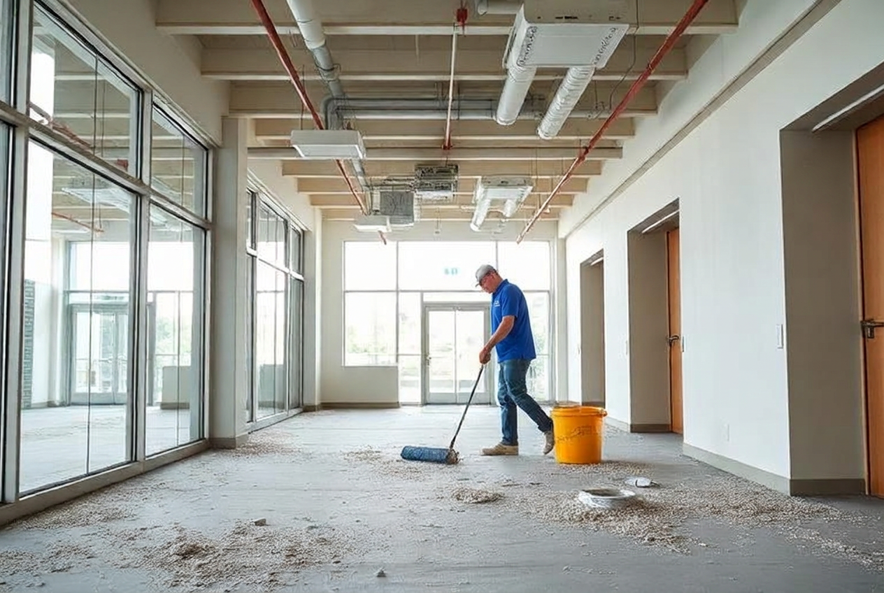 Worker cleaning a commercial space after construction work