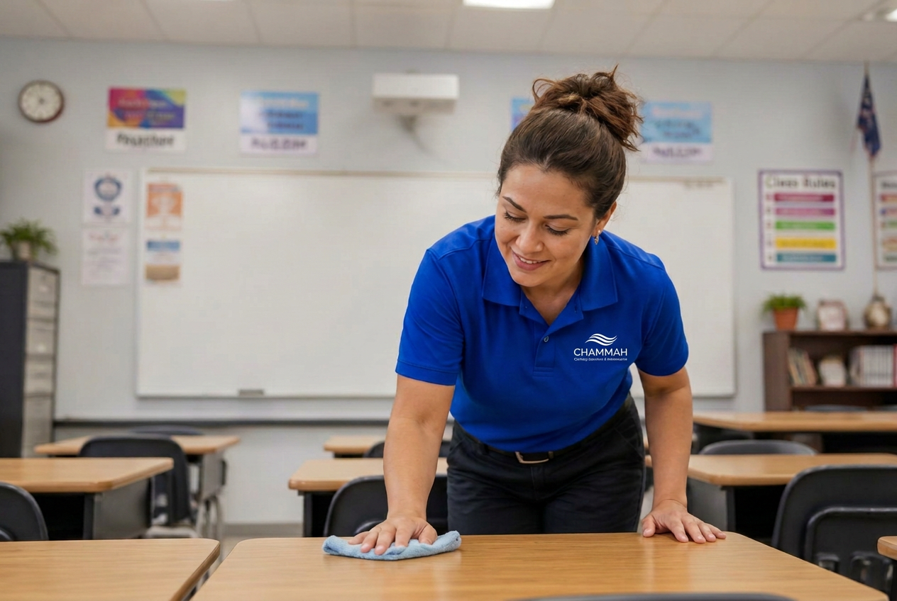 Cleaning professional wiping desks in a school classroom