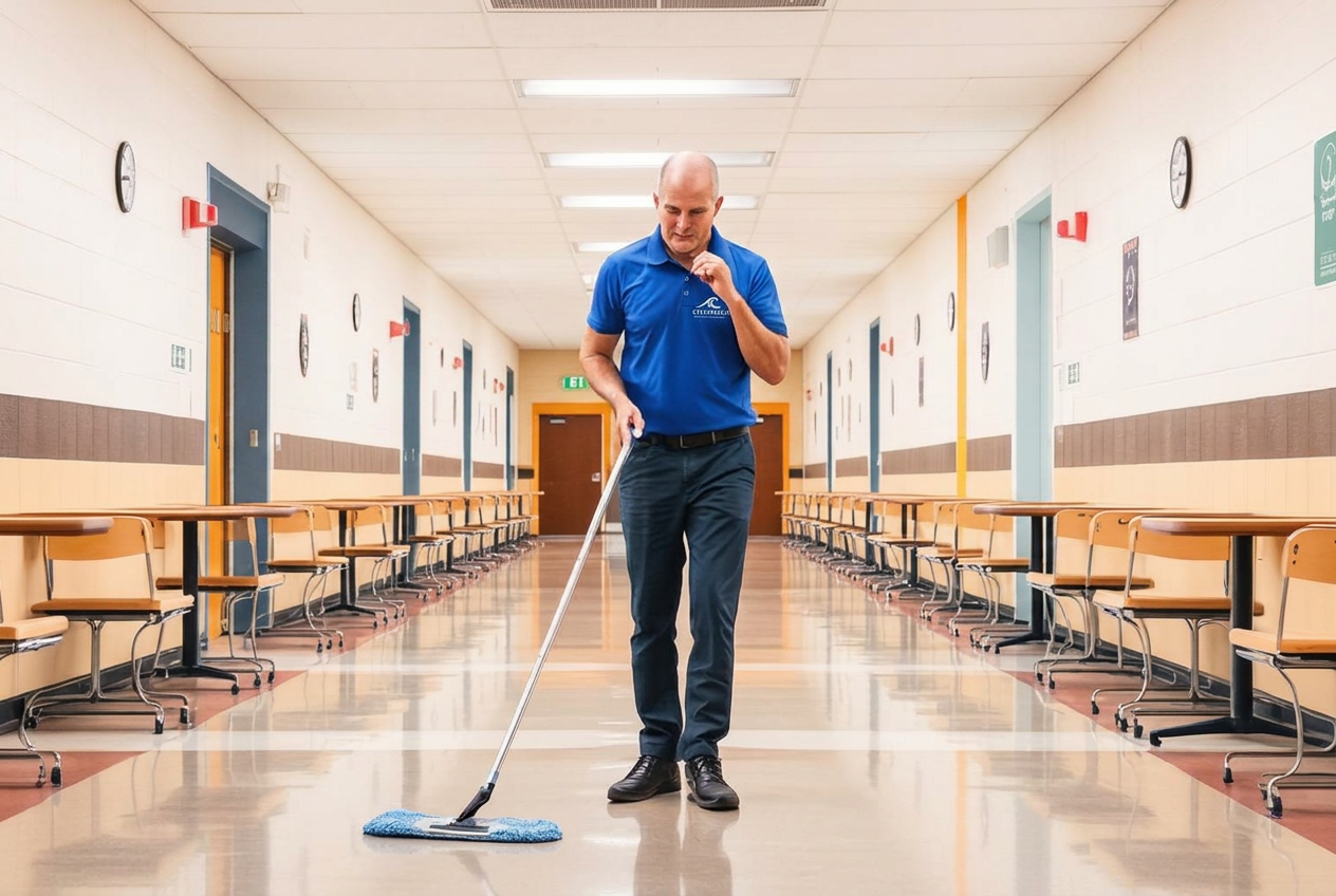 Cleaning professional mopping the floor of a public school cafeteria