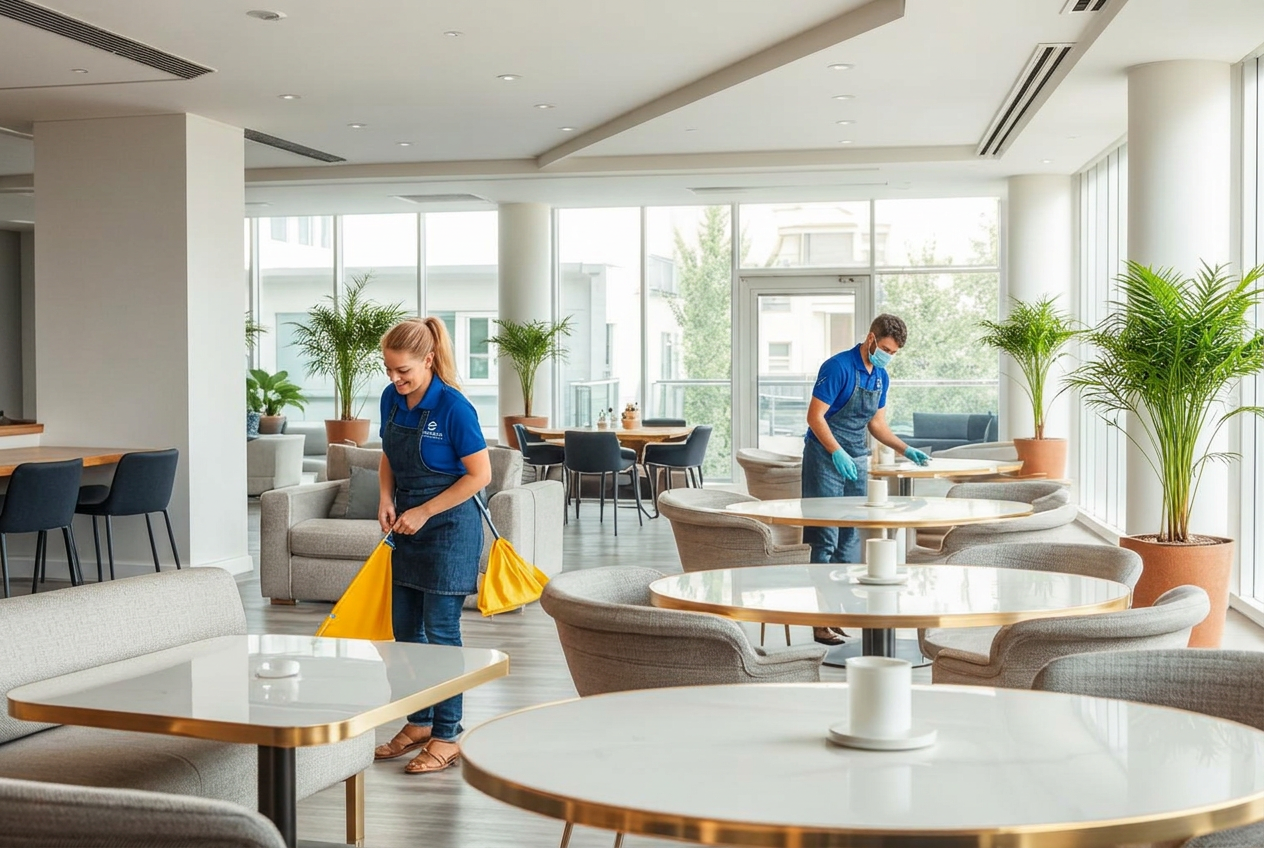 Cleaning team tidying tables in a residential recreation lounge