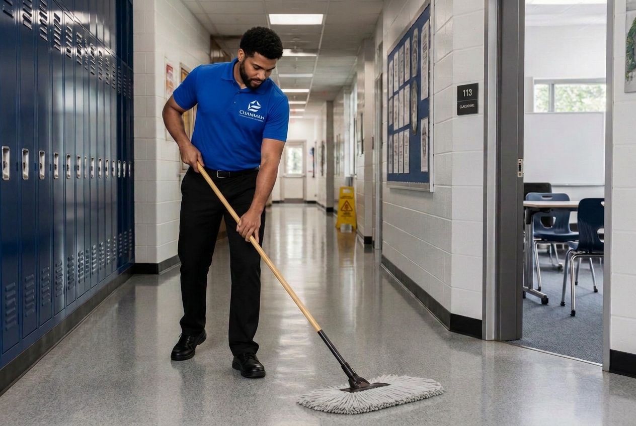 Cleaning professional mopping a bright school hallway lined with lockers