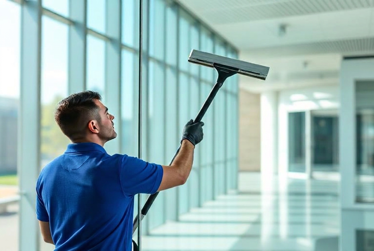 Professional squeegeeing large glass windows in a commercial building
